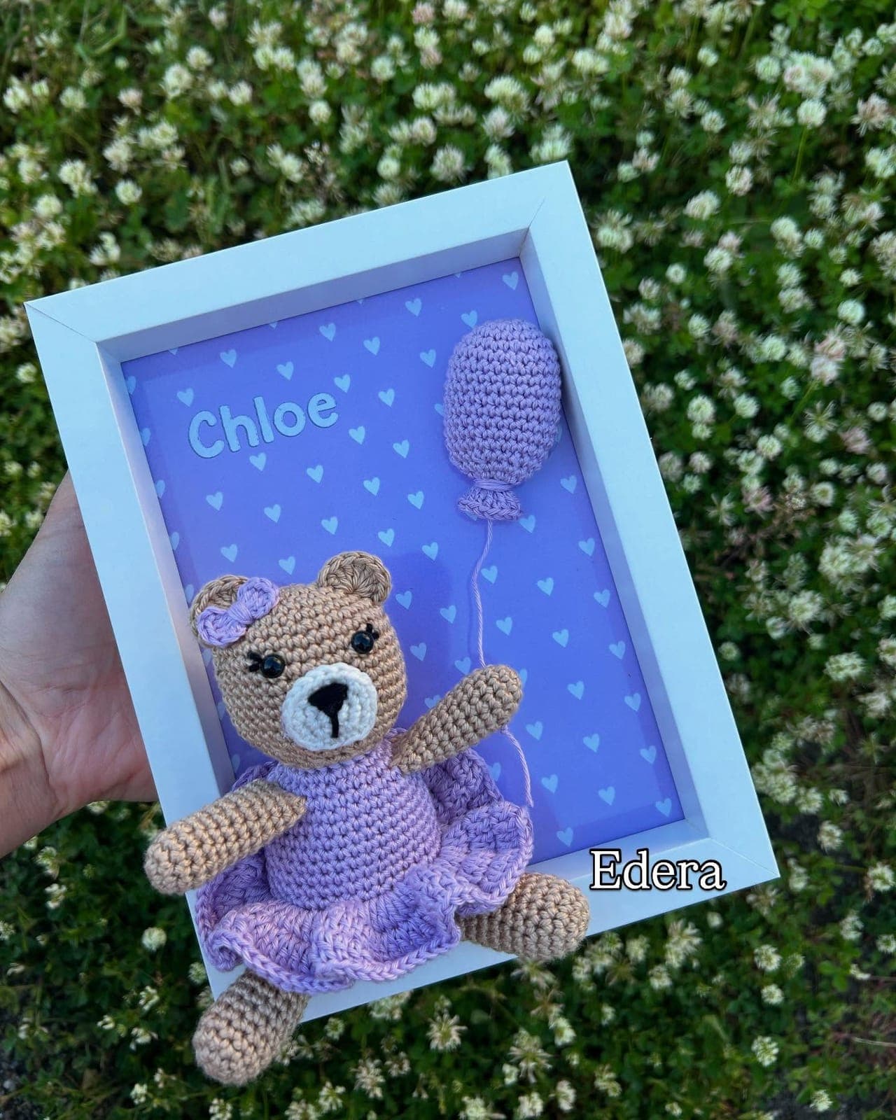 Lilac frame for Chloe with a teddy in a tutu and a crochet balloon