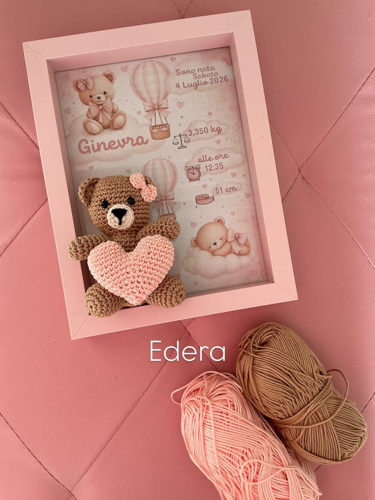 Pink birth frame for Ginevra with a teddy hugging a crochet heart